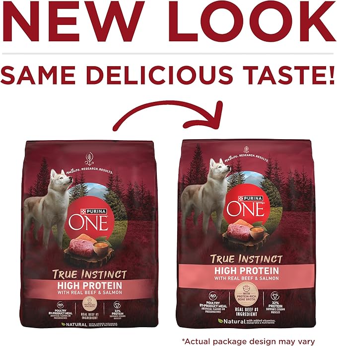 Purina ONE Natural High Protein Dry Dog Food Dry True Instinct with Real Beef and Salmon With Bone Broth and Added Vitamins, Minerals and Nutrients - (Pack of 4) 3.8 lb. Bags