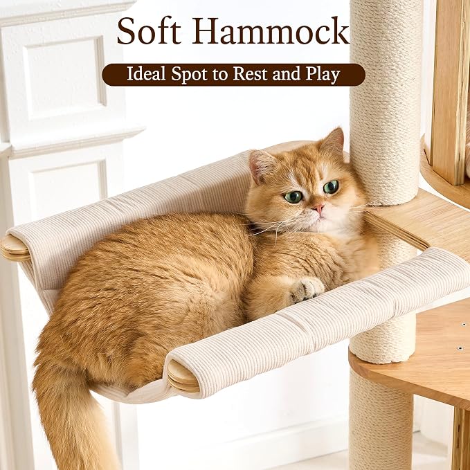 HITTITE Solid Wood Cat Tree Tower with Scratching Post, 70 Inches Tall Cat Towers with Hammock and Condo, Modern Cat Tower with Removable Top Bed for Indoor Cats.