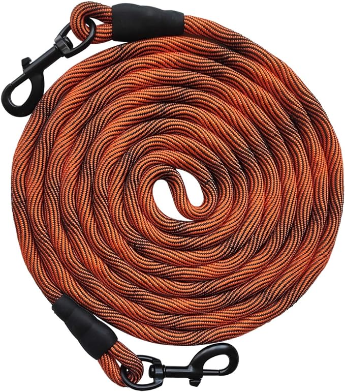 BTINESFUL Tie-Out Check Cord Long Rope Dog Leash, 8ft 12ft 20ft 30ft 50ft 75ft Recall Training Dog Lead, Large Medium Dogs Tether for Outdoor Playing, Camping, or Backyard (50ft, Orange Black)
