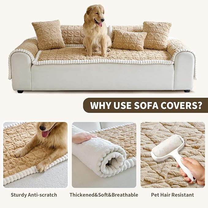 Fuzzy Couch Covers for Dogs, Non Slip Thick Dog Couch Cover Protector, Plush Pet Couch Covers for Sofa Washable, Soft Sofa Cushion Slipcovers Pet Friendly(1PC, Light Brown, 27.6”x82.7”)