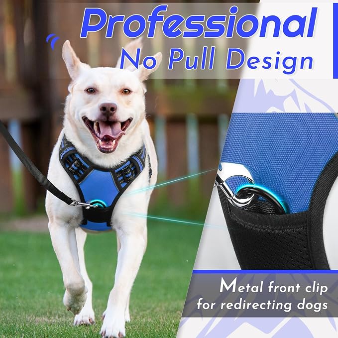 Eagloo Dog Harness for Large Dogs, No Pull Service Vest with Reflective Strips and Control Handle, Adjustable and Comfortable for Walking, No Choke Pet Harness with 2 Metal Rings, Blue, L