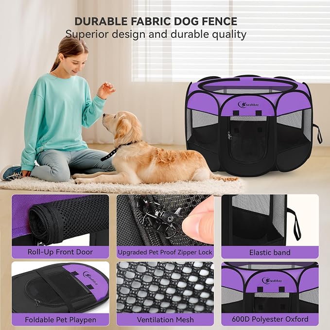 Siedihit Large Dog Playpen, Puppy Pet Playpen Indoor, Dogs Tent Crates Cage Indoor/Outdoor, Portable Pop Up Dog Kennel Playpen with Carrying Case for Dogs/Cats/Rabbits, Purple