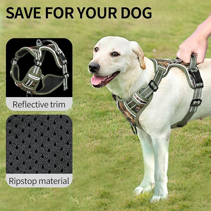 HEELE Dog Harness, No Pull Adjustable Padded Reflective Harness for Small Medium Large Dogs with Handle for Walking Training, Camo Green, L
