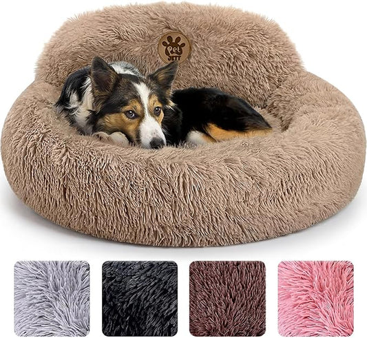 PetJett Calming Medium Dog Bed - 30'' Round Dog Beds - Washable Dog Bed - Anti-Slip Super Soft Fluffy Plush Donut Bed, Anti-Anxiety Premium Comfort Pet Bed, Fits Dogs up to 45 lbs - Beige