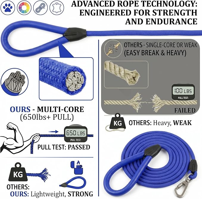 Dog Leashes Rope,Bold & Vivid Hues,Leash for dogs,Leather handle leashes,Strong Nylon Pet Lead, Pet lead,Resistant to dirt and bite,Rope dog leash for small dogs,Medium&Large dogs (Klein Blue, 5 FEET)
