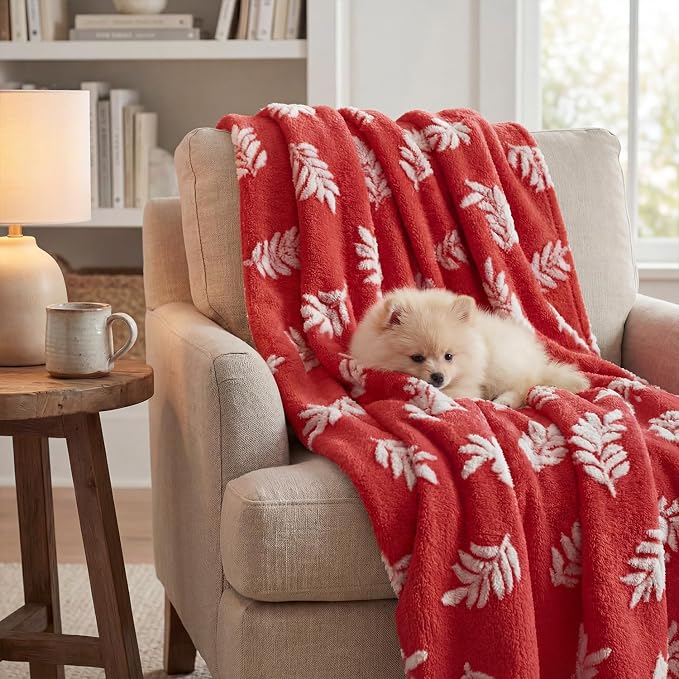 Horaldaily Pets Flannel Blanket, Red Leaves 3D Textured Soft Fuzzy Fluffy Plush Cozy Fleece Premium Blankets for Dog Cat Puppy Kitten Couch Protection, 30x40
