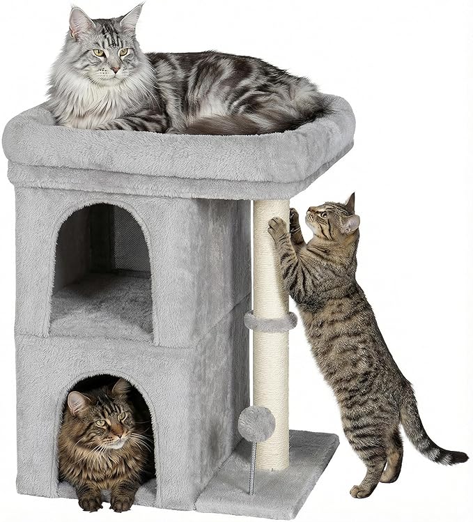 Aechonow Cat Tree for Large Cat, 19x16.5In Large Cat Perch, Adult Cat Tower for Indoor Cats with 24In Long Scratching Post, 2 Cozy Cat Condo House for Adult & Fat Cats, Light Gray