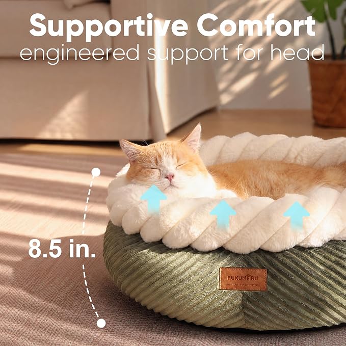 FUKUMARU Cat Bed, Calming Donut Dog Beds, Plush Faux Fur&Corduroy Kitten Beds, Cute Round Washable Pet Bed for Large Cats and Puppy, Cat Cave with Anti-Slip Bottom, 21inch, Green