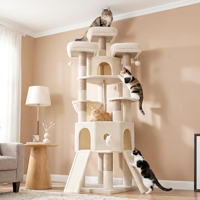 Cat Tree, 81.1-Inch Tall Heavy Duty Cat Tower with Diamond-Shaped Condo for Large Cats, Cat Furniture with 3 Wide Platforms, 2 Sisal Scratchers, Hammock & Stable Base, Beige VCT032MJ
