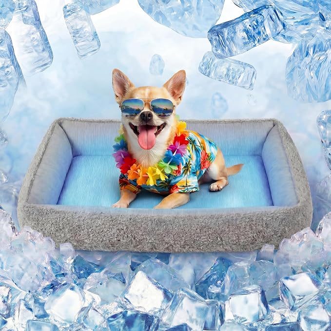 Cooling Dog Bed for Small Medium Dogs - Reversible Design (Ice‑Silk Cooling Layer | Sherpa Fleece Layer), Washable Dog Cooling Mat for Crates, Beds, Sofas 20" × 14"