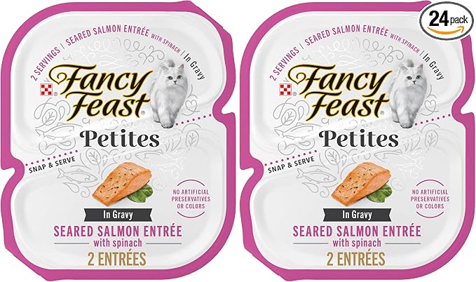 Fancy Feast Purina Petites Seared Salmon Entree with Spinach in Gravy Gourmet Wet Cat Food - 2.8 oz. Tubs,(Pack of 24)