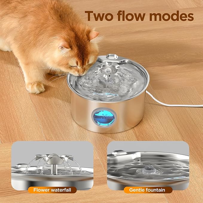 Pet Water Fountain Stainless Steel - Cat Fountain with 8 Filters & 8 Sponges - 88oz/2.6L Automatic Cat Watering Dispenser Bowl with Water Level Window - IHOUONE Quiet Fountains for Cats & Dogs Owners