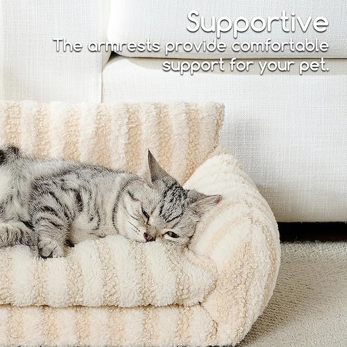 Hollypet Cat Bed Fluffy Plush Multifunctional Double-Layer Machine Washable Soft Warming Kitty Pet Couch Orthopedic Nest Beds for Small Cats Kitten and Dogs up to 13lbs, Beige(21x15x8 inch)