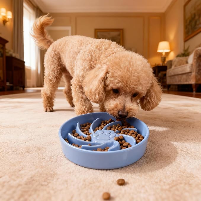 Ceramic Slow Feeder Dog Bowl, 3 Cup Dog Food or 25oz Water, Slow Eating Bowl for Middle Breed, Maze Puzzle Feeder for Fast Eaters, Anti-Choking Stop Bloat, Non-Slip BPA Free (Blue)