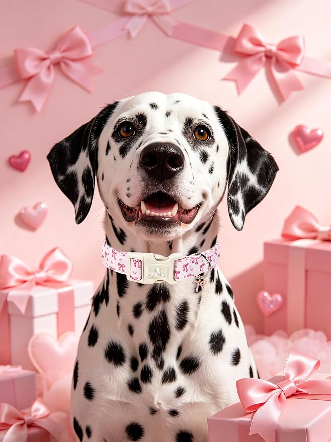 Maca Bates Pink Basic Dog Collar with Sailor Bow Charm for Extra Small Girl Dogs, Girly Cute Heart Bowtie Pattern,Feminine Style,Adjustable Durable Soft Collars Birthday Gift for Female Puppy