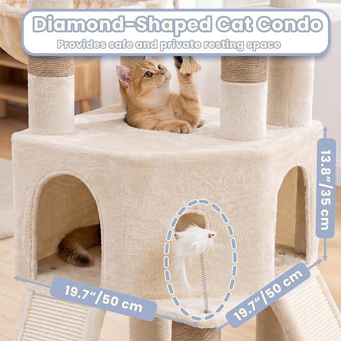 Cat Tree, 81.1-Inch Tall Heavy Duty Cat Tower with Diamond-Shaped Condo for Large Cats, Cat Furniture with 3 Wide Platforms, 2 Sisal Scratchers, Hammock & Stable Base, Beige VCT032MJ