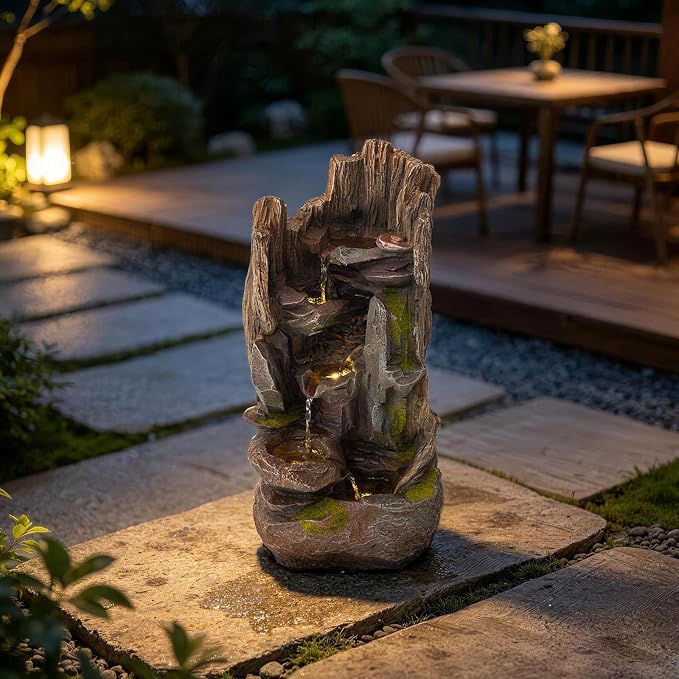 23.7" H Outdoor Garden Fountains, Cascading Rock Water Fountain Indoor, Freestanding Resin Water Feature for Patio, Backyard, Deck, Porch Home Decor