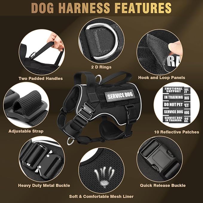 WINSEE Tactical Dog Harness for Medium Dog, Heavy Duty Service Working MOLLE Vest with 10 Pet Patches, 2X Metal Buckle Vest for Training Hunting Walking