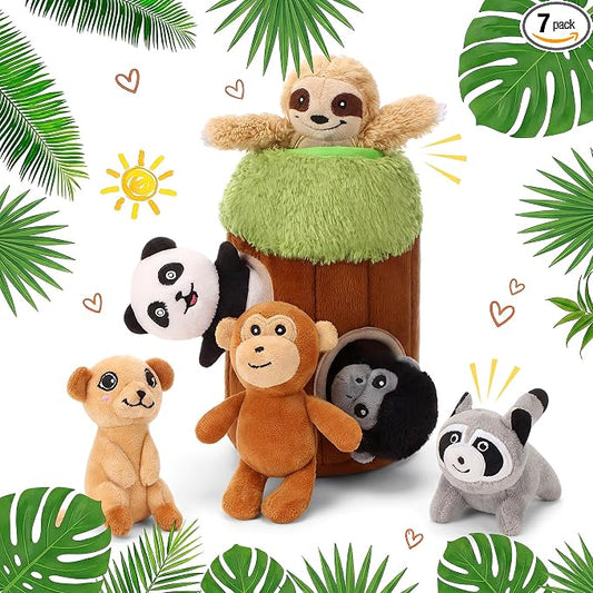 Skylety 7 Pieces Hide and Seek Dog Toys Activity Puppy Chew Squeaky Toys Plush Stuffing Woodland Stuffing with Squeakers for Small Medium Pets Dogs Puppy Gift(Funny,Small)