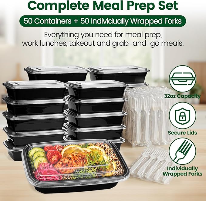 Meal Prep Containers with Lids 32oz-50 Pack & Free 50 Forks Individually Wrapped, Disposable Food Storage Containers BPA Free, Leak-Resistant, Microwave & Freezer Safe for Salad,Lunch,Take out,Togo