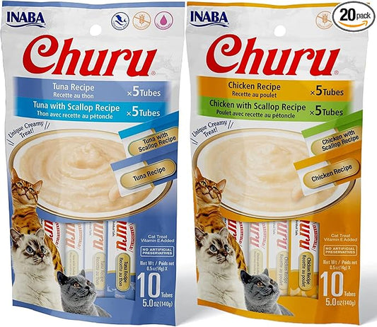 INABA Churu Tuna, Chicken and Scallop Lickable Creamy Purée Cat Treats Variety Pack of 20 Tubes