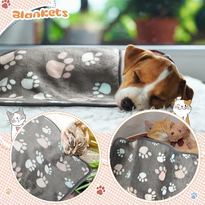 Tatuo 4 Pack Fleece Dog Blankets for Puppy Cats Multi-Size Sleep Mat for Pet Guinea Pig Soft Washable Warm Crate Bed Puppy Teething Toys Print Pattern Blanket Indoor(Dark Gray,24 x 16 Inch,Paw)