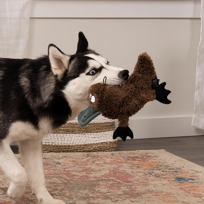 TrustyPup Strong 'N Silent Platypus Silent Squeak Plush Dog Toy, Chew Guard Technology - Brown, Large