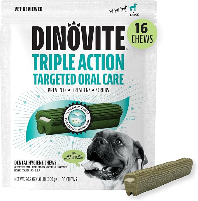 Dinovite Dental Chews for Dogs, Triple Action Dental Dog Treats for Large Breeds, Clinically Proven to Prevent Plaque & Tartar While Freshening Breath, Fresh Mint Flavor, Made in USA, 16 Count