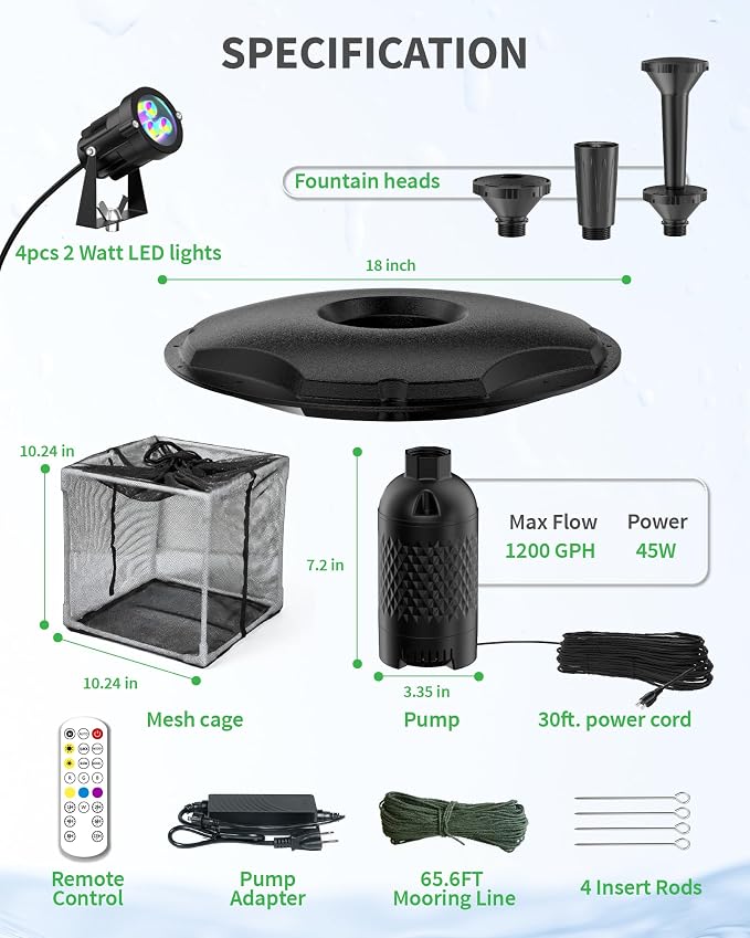 POPOSOAP Floating Fountain with LED Lights, Pond Fountain and Aerator Complete Kit with 1200GPH Water Pump 30FT Power Cord, 3 Spray Styles for Ponds, Pool, Lakes & Water Gardens P145