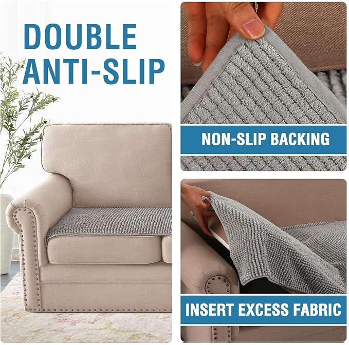 H.VERSAILTEX Plush Chenille Couch Cover for 3 Cushion Couch Anti Slip Washable Sofa Slipcovers Soft and Durable Furniture Protector for Dogs Cats Kids (27.5" x 59", Dove)