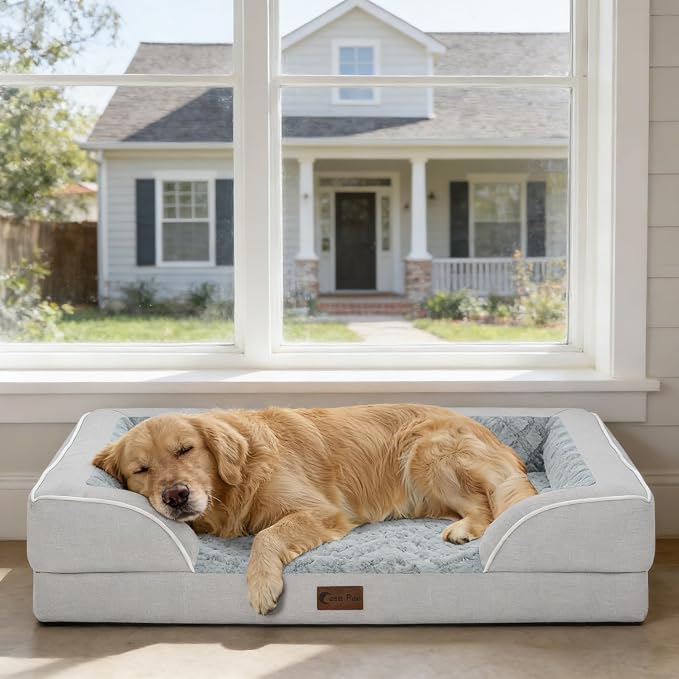 Orthopedic Dog Beds for Extra Large Sized Dogs 45x35 Inch, XL Waterproof Egg Crate Foam Dog Sofa Bed with Removable Washable Cover Big Pet Couch with Bolster & Non-Slip Bottom, Light Grey