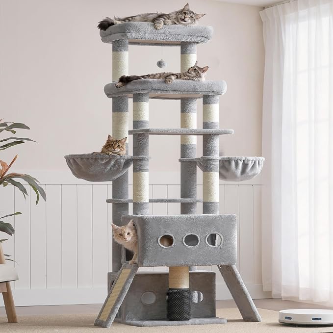 Hey-brother Cat Tree Tower, 71.5 Inches Scratching Posts with Extra Large Platform, 2 Cozy Condos, 2 Hammocks and Scratch Boards, Multi-Level House for Multiple Indoor Cats, Smoky Gray MPJ085W