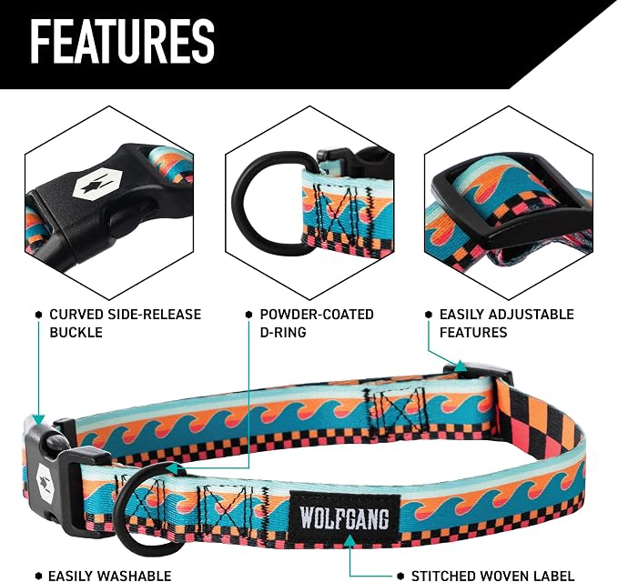 Wolfgang Heavy Duty, Adjustable Dog Collar with Quick Release Nylon Buckle for Walking & Training, BuenaOnda Print, Small