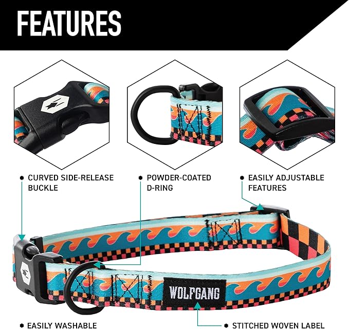 Wolfgang Heavy Duty, Adjustable Dog Collar with Quick Release Nylon Buckle for Walking & Training, BuenaOnda Print, Medium