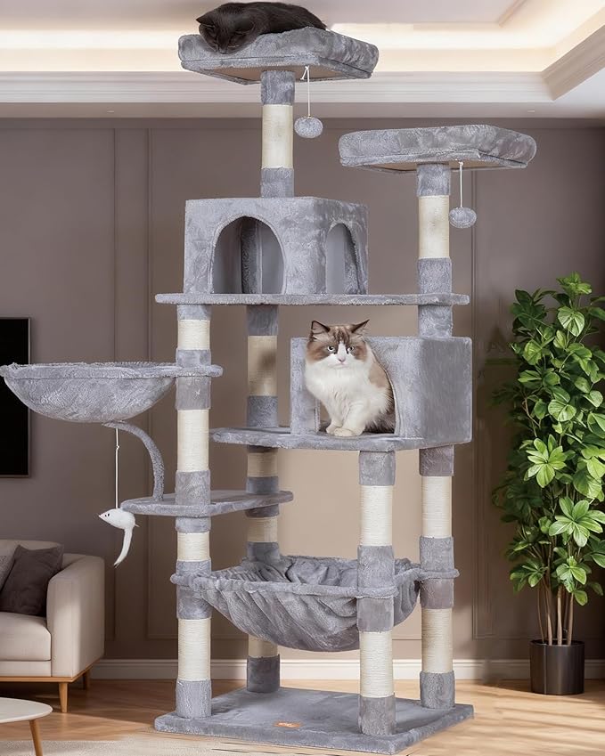 Heybly Cat Tree, 70 inches Tall Cat Tower condo with Toy for Indoor Large Cats, Cat House Furniture with Padded Plush Perch, Cozy Hammock and Sisal Scratching Posts,Light Gray HCT032W