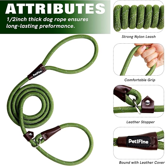 PetiFine Slip Lead Dog Leash - 6FT x 1/2" Reflective Durable Training Rope, Heavy Duty Adjustable Nylon for Small Medium Large Dogs (Green)