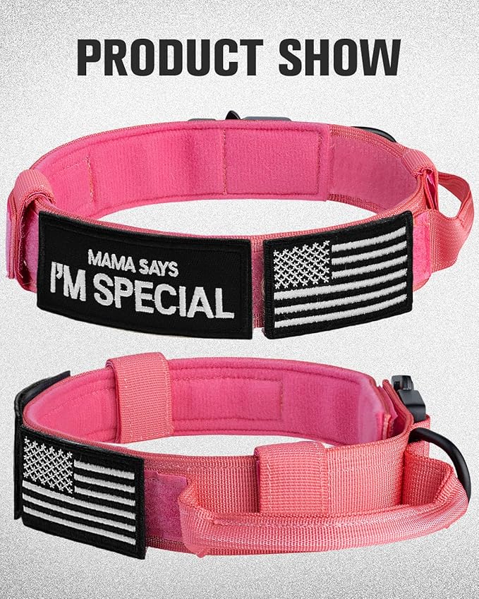 Joytale Tactical Dog Collar with Handle and Metal Buckle, Heavy Duty Padded Military Collar with 2 Patches for Training, Adjustable for XLarge Dogs, Hotpink, XL