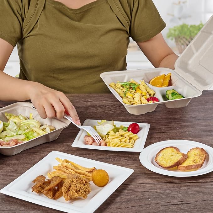 ECOLipak 50 Pack Clamshell To Go Containers, 100% Compostable Disposable Take Out Food Containers, 8X8 3-Compartment Heavy-Duty To Go Boxes,Eco-Friendly Biodegradable To Go Containers For Food
