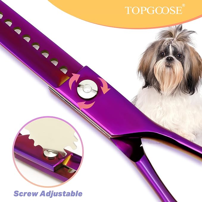 Dog Grooming Scissors Kit, Professional 6 in 1 Pet Scissors Sharp Shears Set - Straight, Thinning, Chunker, Curved Shears and Comb for Long Short Hair for Dog Cat (Set, Purple)