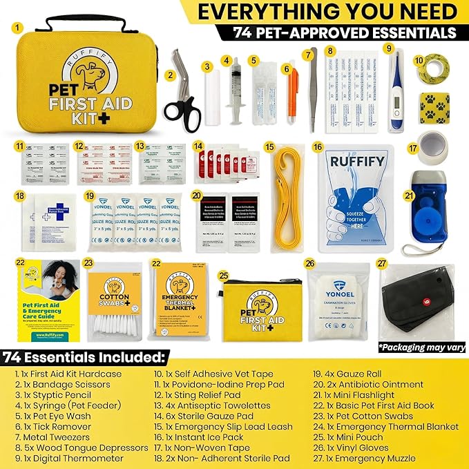 Dog and Cat First Aid Kit – Vet Approved, 74 Essential Items Pet Emergency Kit Accessories for Car, Travel, Hunting, Hiking & Camping Gear with Mini Pouch for Home, Office & Outdoor Adventures