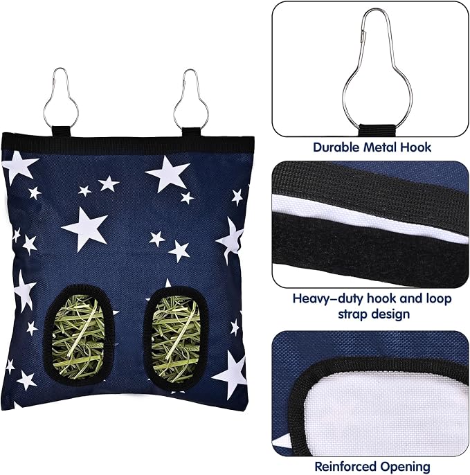Upgraded Rabbits Hay Feeder Bag for Bunny, Guinea Pigs, Chinchillas - Hanging Washable 2-Hole Hay Dispenser with 600D Oxford Fabric, Small Animal Cage Accessories （Blue Star and Blue Daisy）