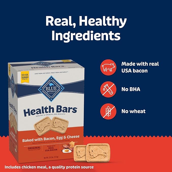 Blue Buffalo Health Bars Bacon, Egg & Cheese Crunchy Dog Biscuits, Oven-Baked with Real Bacon & Natural Ingredients, Healthy Dog Treats with No Artificial Flavors or Preservatives, Jumbo Box 3.5 lbs.