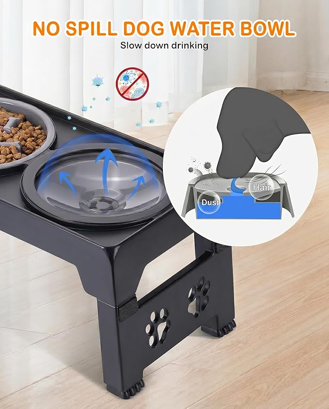 LALOBLUE Elevated Dog Bowls, Raised Dog Bowl with 2 Stainless Steel Dog Food Bowls, Dog Bowls Stand Adjusts to 5 Heights 2.95", 8.46", 9.65", 10.82", 12.01" for Small Medium Large Dogs Cats Pets,Black