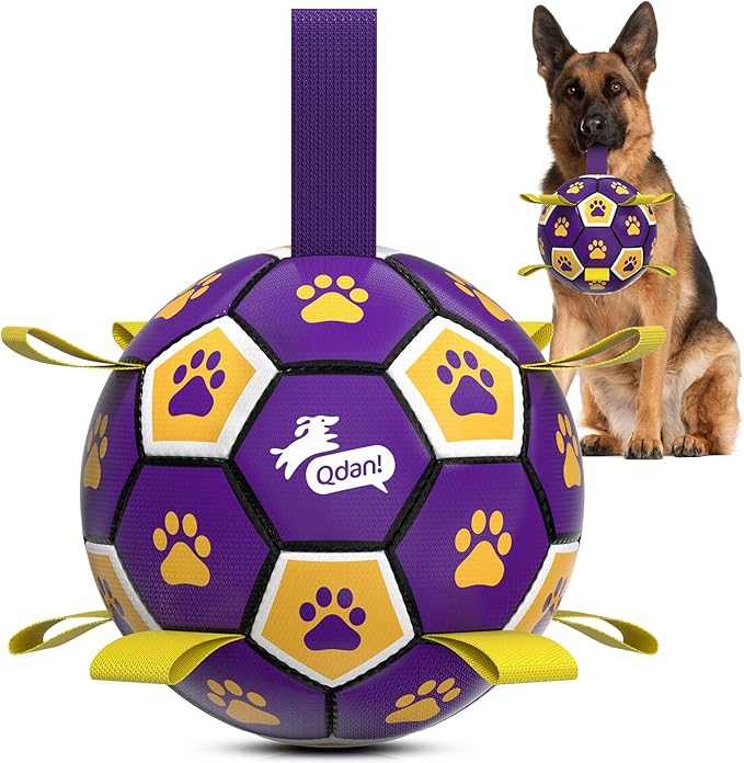 QDAN Extra Large Dog Toys Soccer Ball - Durable Dog Balls for Extra Large Dogs with Straps, Interactive Dog Tug Toy with Strap for Tug of War (9 Inch)