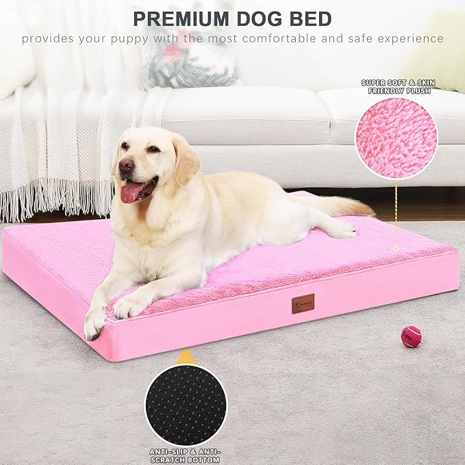 Waterproof Dog Beds Large Sized Dog Orthopedic Pet Beds for Crate with Removable Washable Cover Egg-Crate Foam Pet Pad Mat with Anti-Slip Bottom, 41x27 Inch, Pink