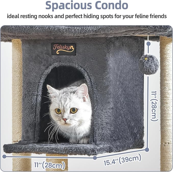 Cat Tree Tower Scratching Post for Indoor Large Cats, Small Cat Tree with Big Perch Bed, 28in Tall Trees House with Condo Cave, Toy Balls, Modern Climbing Furniture Platform for Kitten (Dark Gray)