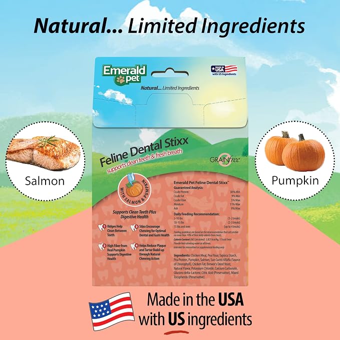 Emerald Pet Grain-Free Salmon Cat Dental Treats – Crunchy Dental Sticks for Cats to Clean Teeth, Reduce Plaque & Tartar, Freshen Breath – Pumpkin for Digestive Health, Natural Cat Chews, 3.6 oz