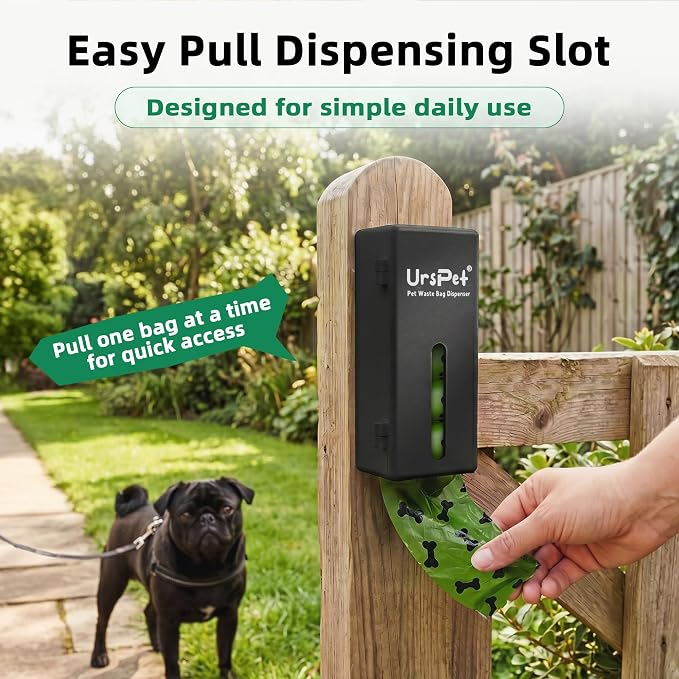 Portable Dog Poop Bag Dispenser, 60 Bags, Black | wall mount design, easy bag pull, flip top lid, leak resistant refill bags, simple refill access, tidy home or yard use