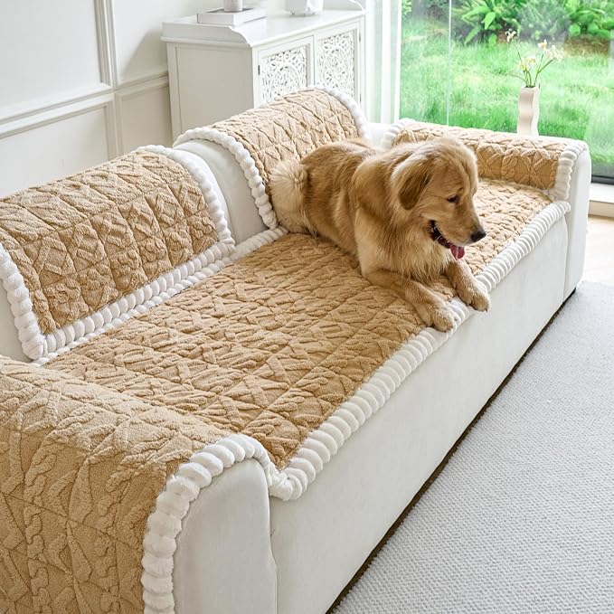 Fuzzy Couch Covers for Dogs, Non Slip Thick Dog Couch Cover Protector, Plush Pet Couch Covers for Sofa Washable, Soft Sofa Cushion Slipcovers Pet Friendly(1PC, Light Brown, 27.6”x59.1”)