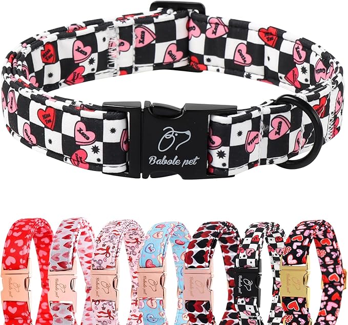 Valentines Dog Collar for Medium Dogs - Unique Black White Plaid Girl Boy Valentine Heart Dog Collars, Adjustable Heavy Duty Pet Collar with Metal Buckle M
